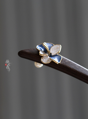 簪之韵【蓝蝶】15厘米短簪大叶紫檀木发簪子盘发古风珐琅彩简约款
