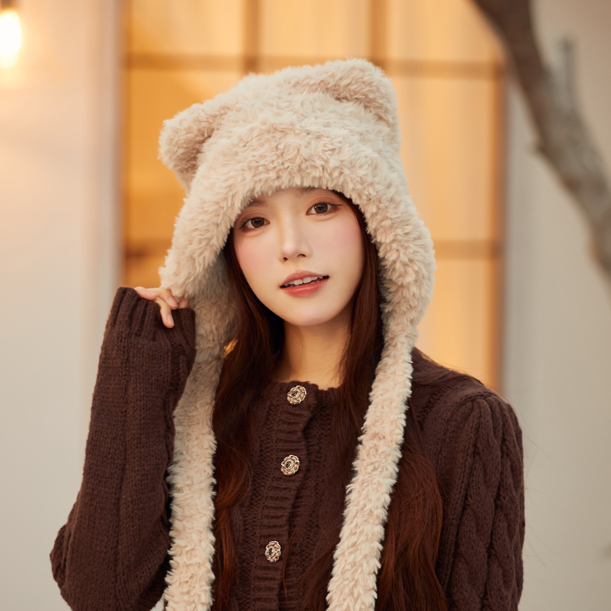 小熊耳朵毛绒帽子女冬天绑带护耳保暖雷锋帽甜美可爱显脸小毛线帽 - 图2