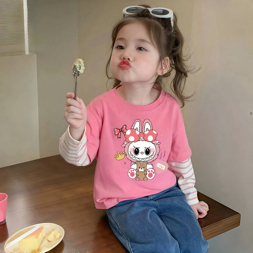 拉布布女童长袖t恤假两件纯棉条纹拼接打底衫女宝宝春秋穿搭上衣 - 图3