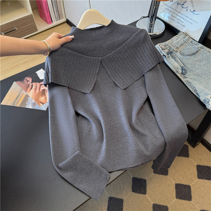 酒红色荷叶边针织衫女长袖2026春季新款半高领套头毛衣打底衫上衣 - 图2