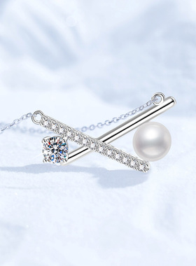 欧美跨境莫桑石项链淡水珍珠交叉蝴蝶结吊坠s925纯银项链现货