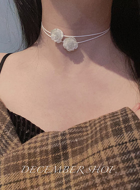 新款白玫瑰花项链双层ins简约choker纯欲百搭脖子饰品项圈锁骨链