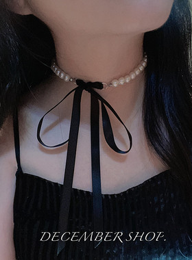 春夏新款丝带珍珠蝴蝶结锁骨链纯欲绑带项圈脖子饰品街拍配搭个性