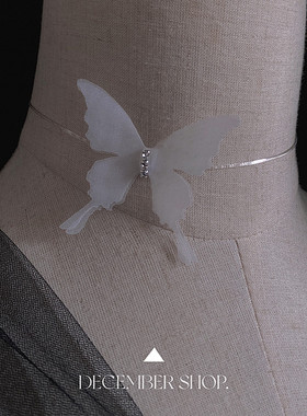 夏日薄纱闪钻白色蝴蝶项链仙气暗黑锁骨链choker脖子饰品脖带新款