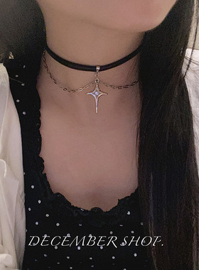 包邮黑色皮质双层choker十字四芒星颈链金属链条小众锁骨链脖带