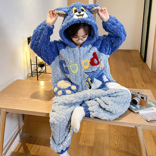儿童睡衣男孩秋冬连体珊瑚绒女童加厚法兰绒宝宝卡通中大童家居服