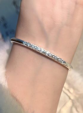 中国风卷草纹金箍手镯年轻款实心古法镀银简约镯七夕情人节礼物