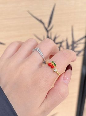 清新甜美彩色滴油樱桃戒指女个性嘻哈开口指环
