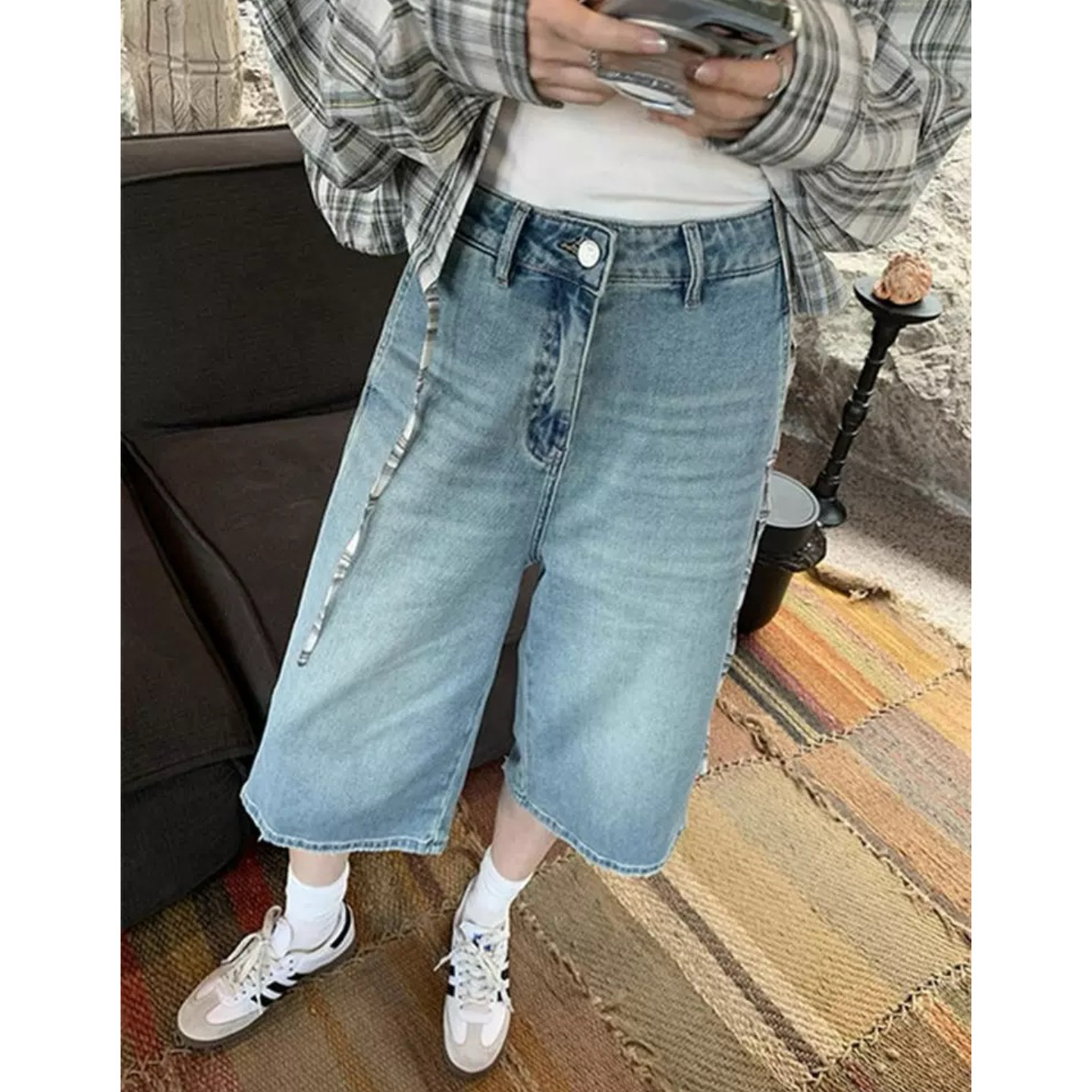 大碗plus定制大码女装微胖复古水洗阔腿牛仔夏高腰宽松显瘦七分裤 - 图3