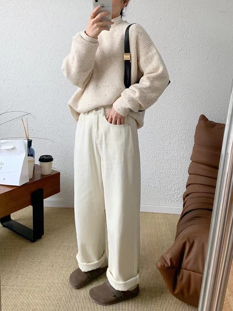 大碗plus定制大码女装微胖白色阔腿牛仔秋高腰宽松显瘦遮肉休闲裤,淘宝优惠券,粉丝福利购,淘宝优惠卷