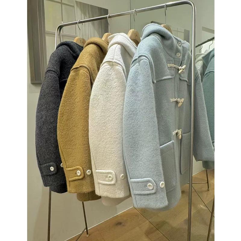 【现货】fletta bloom韩国减龄木质牛角扣连帽中长款羊毛毛呢大衣 - 图3