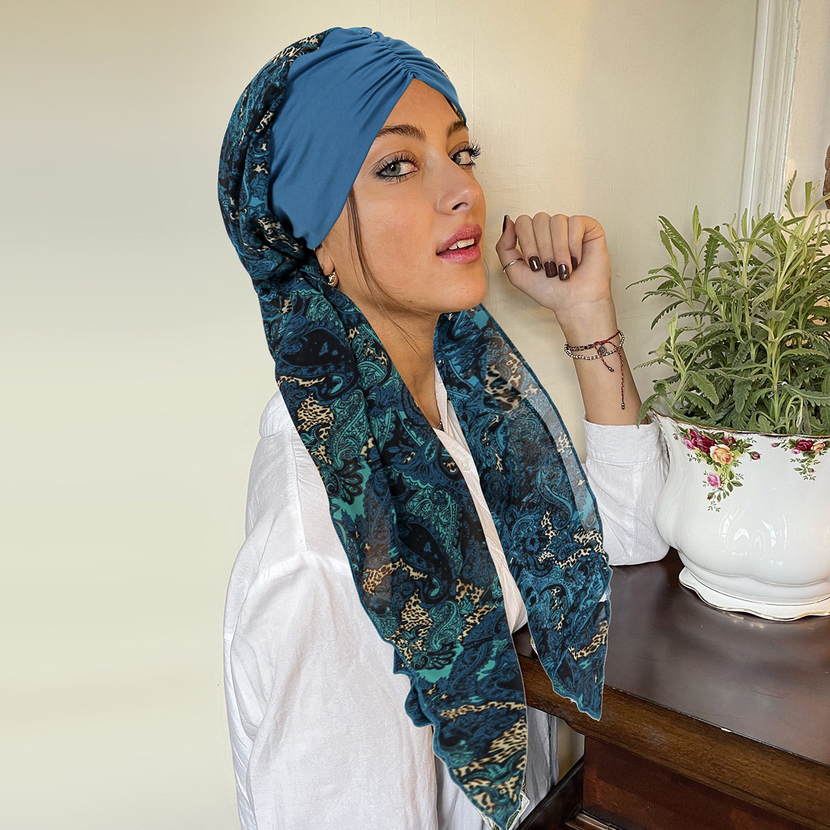 包头帽欧美新款花布前额褶皱女士时尚小碎花雪纺长尾帽时尚围巾帽,淘宝优惠券,粉丝福利购,淘宝优惠卷