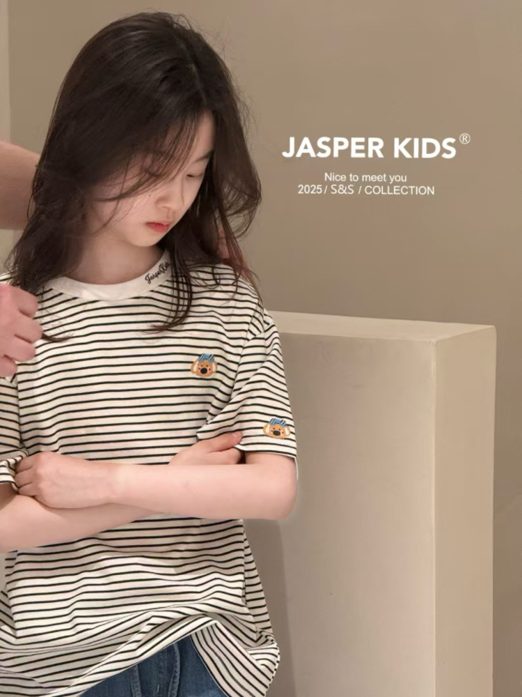 Jasper kids韩版2025夏款女童卡通刺绣短袖T恤中大童百搭条纹打底 - 图1