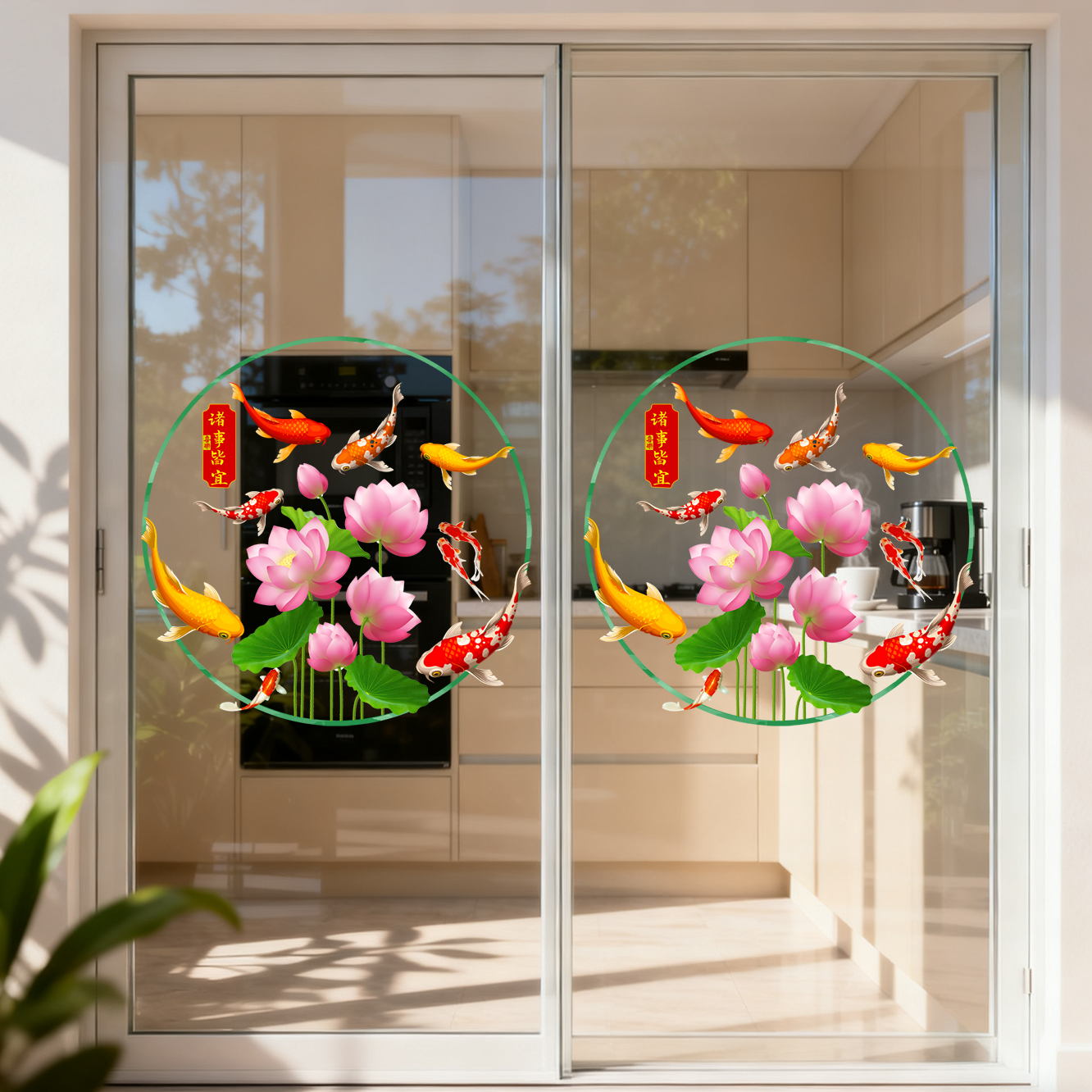 荷花锦鲤门贴 玻璃贴纸厨房门窗装饰贴画 中式风水贴静电无胶,淘宝优惠券,粉丝福利购,淘宝优惠卷