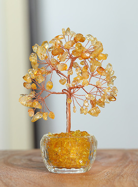 水晶聚宝盆茶盏发财树摆件礼品