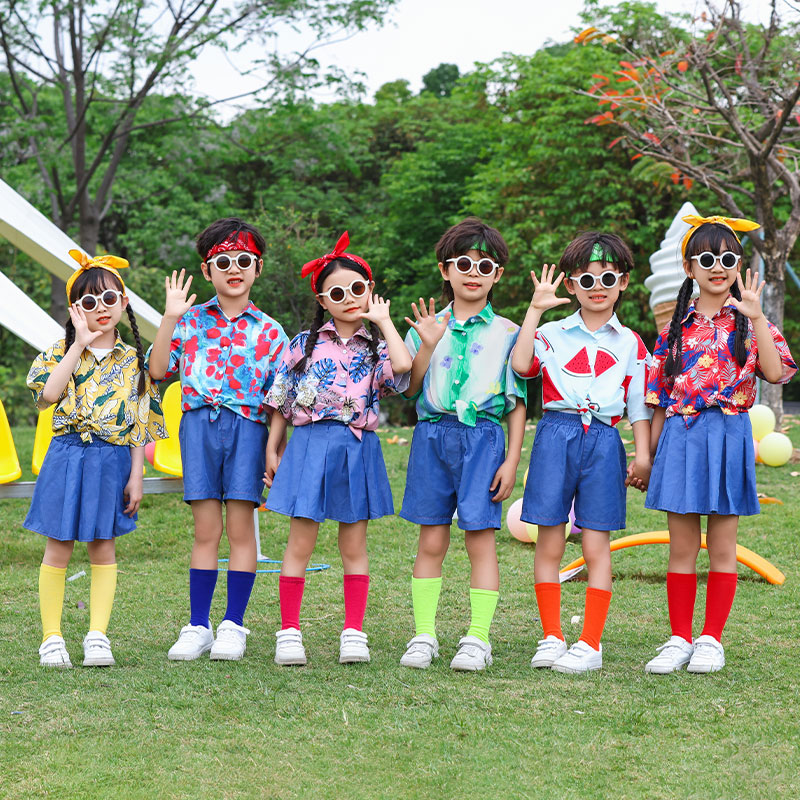 复古港风花衬衫六一儿童幼儿园啦啦操拉拉队小学生运动会演出服装