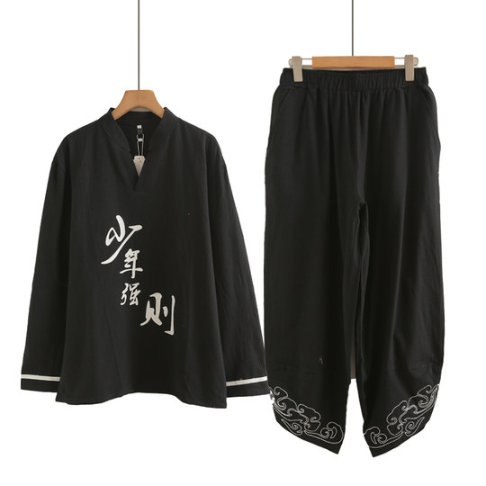 
Chinese style embroidered cotton linen T-shirt men's long-sleeved spring and autumn thin ancient style Taoist robe trendy casual linen Tang suit Zen suit