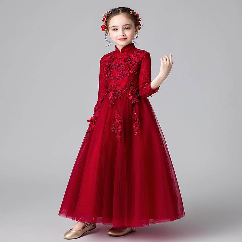 女童礼服主持人生日钢琴公主裙花童婚纱儿童红色气质演出服秋冬季,淘宝优惠券,粉丝福利购,淘宝优惠卷
