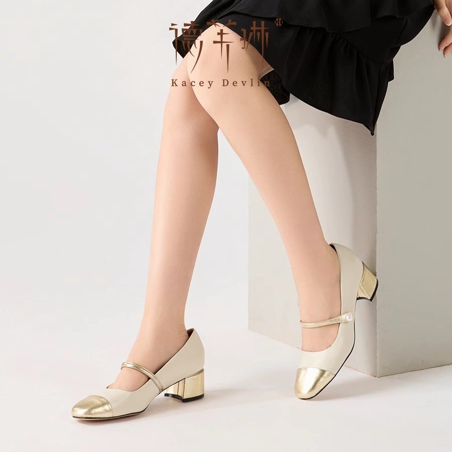 德芙琳2025春季新款金色小香风玛丽珍浅口珍珠扣单鞋气质女鞋,淘宝优惠券,粉丝福利购,淘宝优惠卷