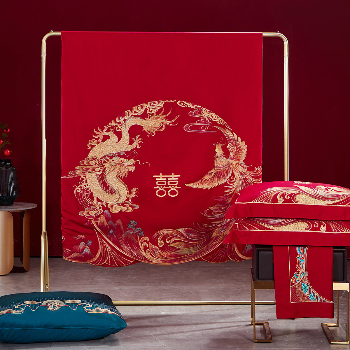 水星家纺60S长绒棉婚庆四件套红色全棉刺绣套件结婚被套床上用品,淘宝优惠券,粉丝福利购,淘宝优惠卷