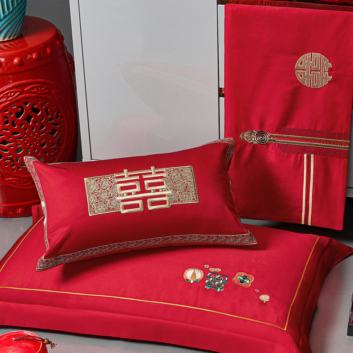 水星家纺结婚四件套60S长绒棉大红全棉婚庆套件床上用品婚庆被套,淘宝优惠券,粉丝福利购,淘宝优惠卷