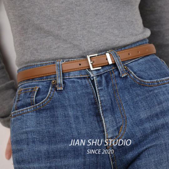 简束极简风简约新款银扣牛皮皮带女软真皮皮带牛仔裤黑色细腰带女