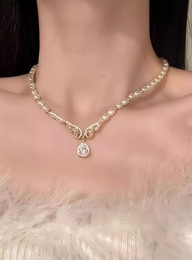宫廷风蝴蝶结珍珠项链满镶锆石水滴吊坠轻奢小众设计感锁骨链女