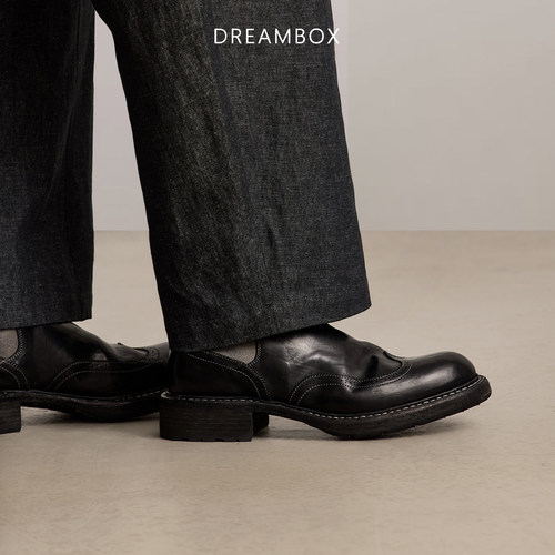 DREAMBOX钧博vibram男靴水洗马皮布洛克雕花切尔西靴手工男士靴子 - 图1