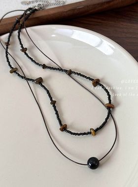 新中式黑色串珠项链爆款度假风复古木纹不规则珠子叠戴锁骨链配饰