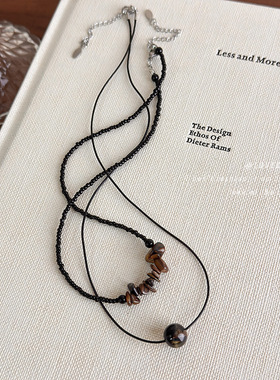 新中式黑色虎眼石串珠项链甜酷辣妹个性复古木纹不规则珠子锁骨链