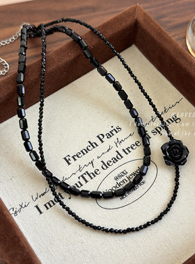 黑玫瑰花水晶串珠双层项链choker复古小众设计简约百搭精致锁骨链