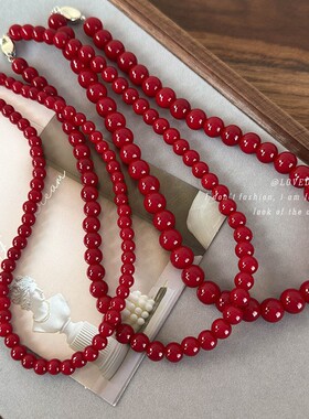 安可拉红圆形玻璃珠串珠项链复古中国风元宝扣锁骨链简约百搭项饰