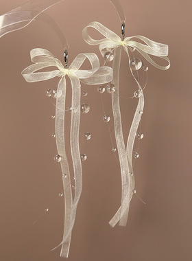 芭蕾少女风飘带丝带蝴蝶结耳环透明玻璃珠鱼线流苏耳饰项链配饰女