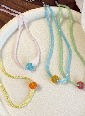 小清新彩色亚克力水晶串珠项链锁骨链少女颈链女夏日清凉甜美项链