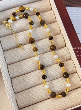 轻奢小众咖色美拉德虎眼石珍珠项链女款2025新款颈链锁骨链配饰品