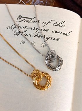 金色银色多层缠绕圆环吊坠长款项链秋冬新品百搭毛衣链衣服搭配饰