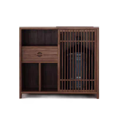 新中式茶水柜客厅茶水台黑胡桃木办公茶边柜实木边几老榆木烧水柜 - 图3