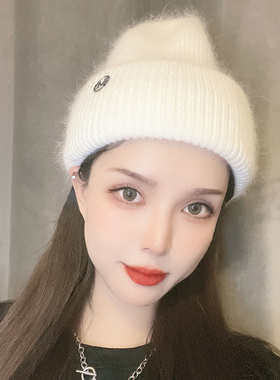 兔毛帽子女秋冬新款迪丽热巴同款百搭潮套头保暖护耳毛线帽针织帽