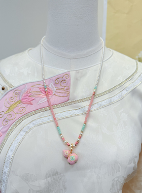 新中式珐琅滴釉粉葫芦珍珠长款项链女小众高级感天然石串珠锁骨链
