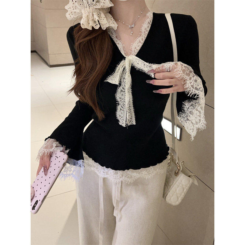 法式V领蕾丝修身打底衫女春季洋派喇叭袖毛衣内搭修身针织衫上衣,淘宝优惠券,粉丝福利购,淘宝优惠卷