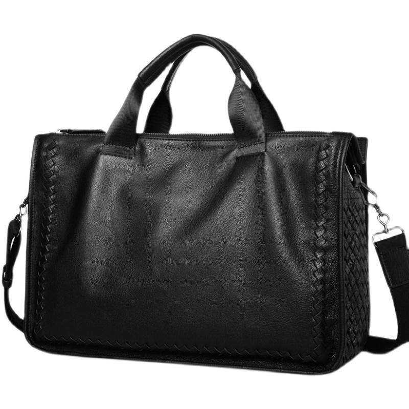 真皮男包商务单肩羊皮休闲公文包编织斜挎包皮包男士包手提电脑包 - 图3