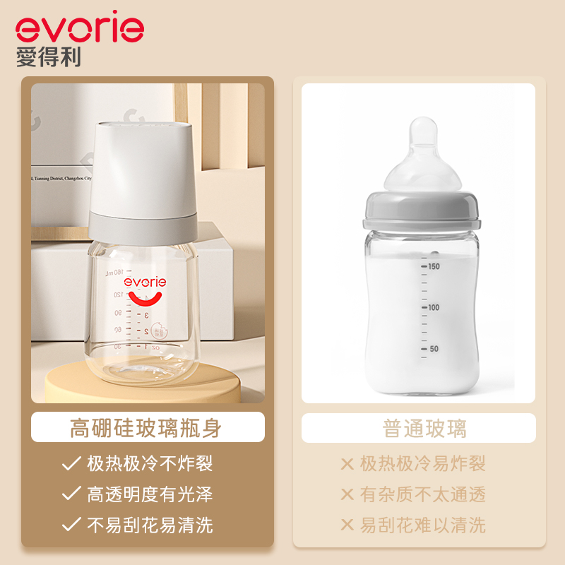 evorie爱得利玻璃奶瓶新生儿套装0-6个月防胀气喝水喝奶小奶瓶