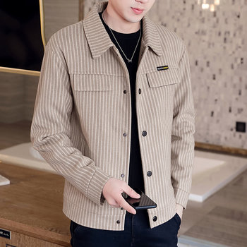 Jacket Men's Spring and Autumn Trend 2021 New Lapel Jacket Men's Versatile Velvet Thickened Winter Striped Top