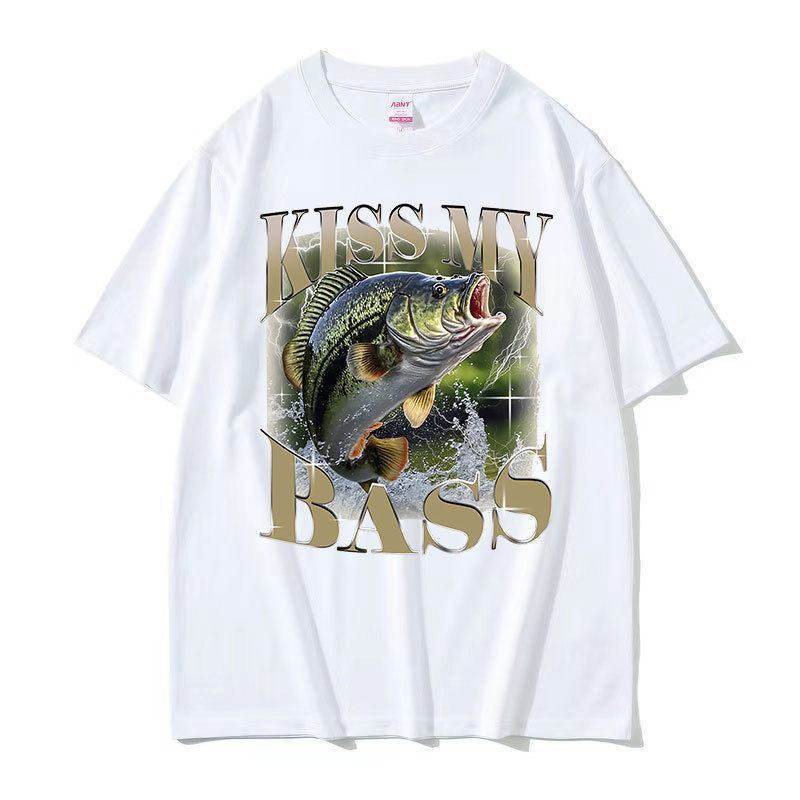 Kiss My Bass Fish 钓鱼爱好者趣味图案潮流休闲圆领短袖T恤男女,淘宝优惠券,粉丝福利购,淘宝优惠卷