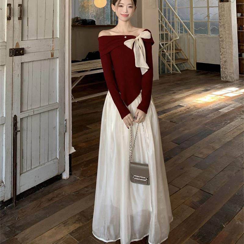 千金风时尚套装一字肩蝴蝶结不规则长袖针织衫高腰遮肉网纱半身裙,淘宝优惠券,粉丝福利购,淘宝优惠卷