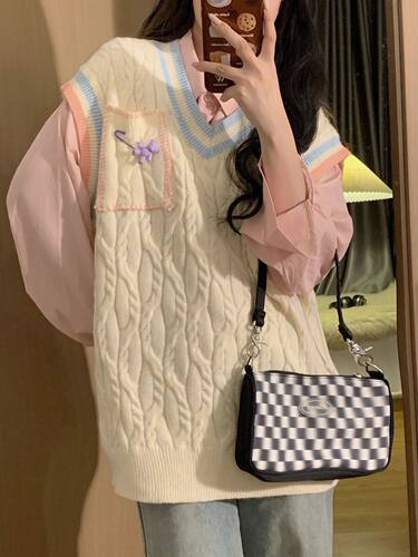 粉色衬衫针织毛衣叠穿马甲背心女日系学院时尚甜辣慵懒风两件套装 - 图2