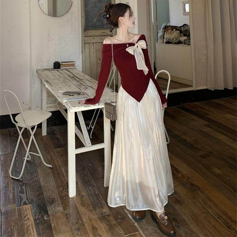 千金风时尚套装一字肩蝴蝶结不规则长袖针织衫高腰遮肉网纱半身裙,淘宝优惠券,粉丝福利购,淘宝优惠卷