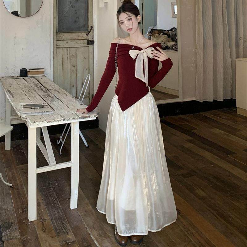 千金风时尚套装一字肩蝴蝶结不规则长袖针织衫高腰遮肉网纱半身裙,淘宝优惠券,粉丝福利购,淘宝优惠卷