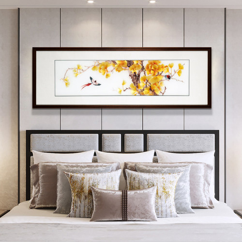 新中式飞鸟渡秋背景墙手工苏绣成品挂画银杏床头画刺绣装饰画软装 - 图1
