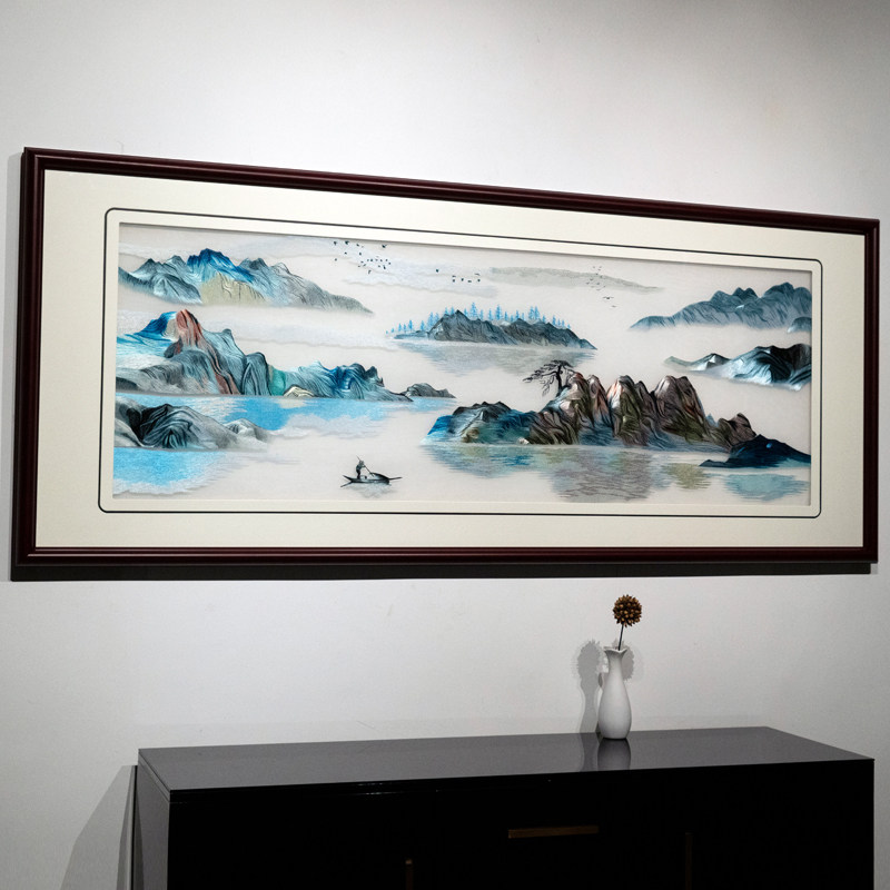 山水画风客厅苏绣成品挂画风水靠山招财刺绣画办公室背景墙装饰画_虎窝淘
